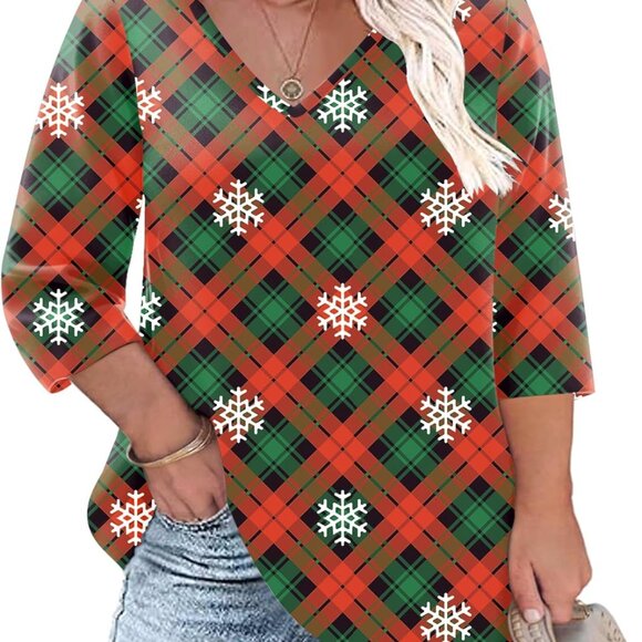 Luxurious Plus Size Women's V-Neck Plaid Top - X-Large, All-Seasons Wear - Picture 1 of 5